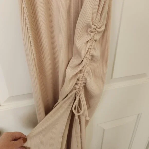 Aerie Beige Ribbed Ruched Fitted Midi Tank Dress Summer Beach Vacation Sexy Glam - Picture 5 of 8